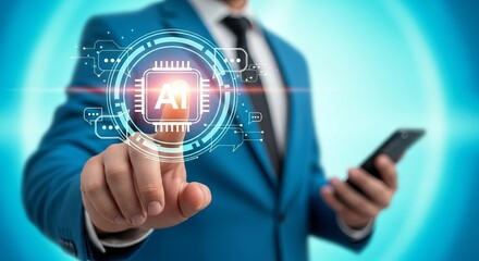 A businessman in a blue suit interacts with an AI technology interface, showcasing innovation and modernity.