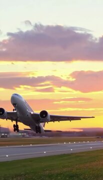 A commercial airplane taking off into a vibrant sunset sky with orange and yellow hues.