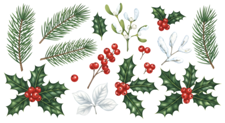 A collection of christmas elements including pine branches, holly leaves, mistletoe, and berries