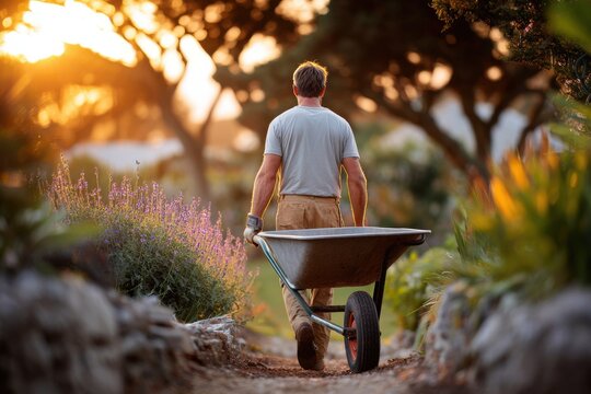 Male landscaper walking along a garden path, pushing a wheelbarrow filled with soil, surrounded by blooming flowers and greenery, capturing the essence of outdoor gardening work - Powered by Adobe