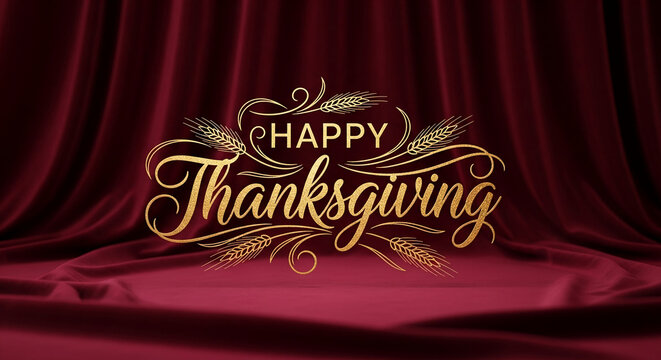 Maroon fabric backdrop with golden Happy Thanksgiving script, ears of wheat. Festive design evokes gratitude, abundance, seasonal celebration