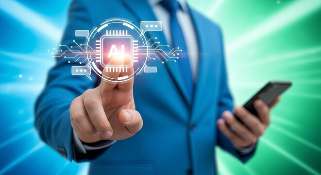 A businessman in a blue suit interacts with an AI interface hologram, showcasing innovative technology.