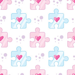 Puzzle pieces with hearts, seamless pattern. Vector Illustration for printing, backgrounds, covers and packaging. Image can be used for cards, posters and textile. Isolated on white background.