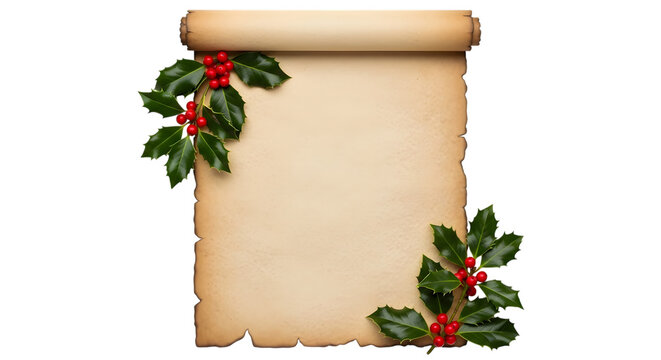 Vintage scroll decorated with holly and berries
