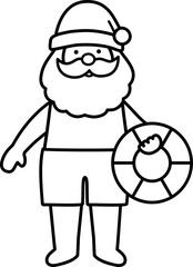 Beach Santa Claus outline vector illustration.
Summer Santa line art Christmas design.
Tropical Christmas Santa Claus drawing.
Santa Claus with a swimming ring.