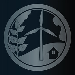Circular emblem with wind turbine house and plant renewable energy