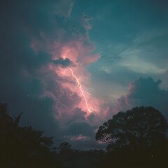 Fototapeta premium Vibrant Lightning Bolt Striking Through Stormy Clouds at Night