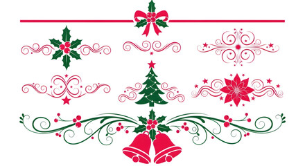 Fototapeta premium Christmas decorative elements with holly, poinsettia, bells, and swirls in red and green