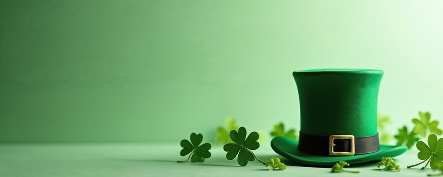 Green leprechaun hat with shamrocks scattered around on light green background. Celebrate Irish holiday St Patricks Day with luck and good fortune symbols. - Powered by Adobe