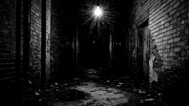 Dim alleyway in monochrome at night, illuminated by single bulb