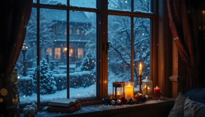 Fototapeta premium Cozy Winter Window View with Snowfall and Candlelight