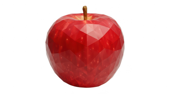 Vibrant red faceted apple with a striking geometric polygon surface and brown stem, isolated for modern health and digital concepts. isolated on transparent background