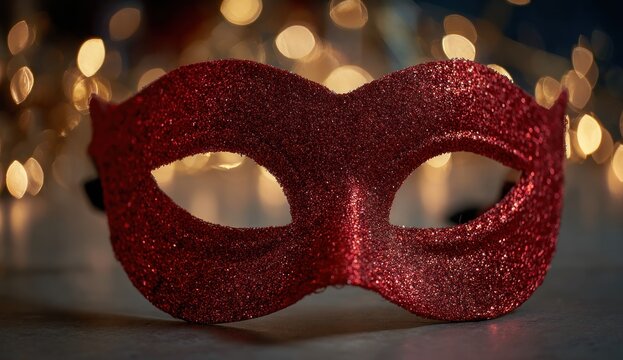 Close-up of a red masquerade mask with bokeh lights.
