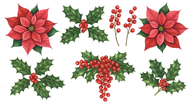 Collection of christmas poinsettias and holly with red berries