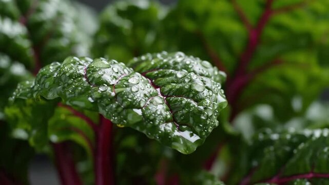 Fresh chard leaf covered in water droplets close up view
