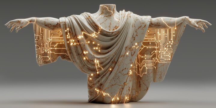 Marble statue with classical features and digital circuitry patterns symbolizes fusion of ancient heritage with futuristic technology in contemporary art context