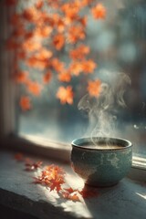 Steaming bowl of soup on windowsill with autumn leaves and blurred orange flowers, evoking cozy seasonal home atmosphere