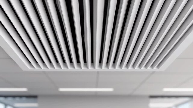 Daily office cleaning routine, modern ceiling vent with plants in background.