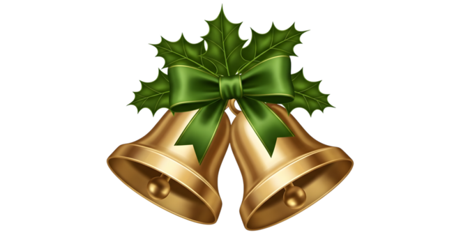 Golden christmas bells with a green ribbon and holly leaves