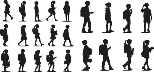 children, kids, silhouette, collection, students, school, walking, carrying backpacks, holding books, holding phones, young, diverse, group, isolated, white background, graphic, illustration, school c