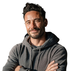 Fototapeta premium Portrait of a smiling man with arms crossed wearing a gray hoodie isolated on white background