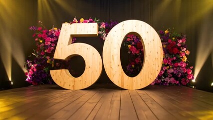 Celebrating 50 Years: Wooden Number Display with Floral Backdrop and Stage Lighting