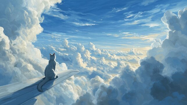 Whimsical travel and adventure concept with a cat on an airplane wing, surrounded by dreamy sky, clouds, and sunlight, evoking imagination and freedom - Powered by Adobe