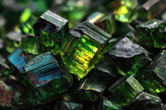 Vibrant Green Kryptonite Crystals: A Stacked Display of Bright Colors and Light Effects
