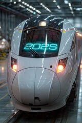 Modern high-speed train in illuminated industrial depot highlights advanced transportation and urban infrastructure themes