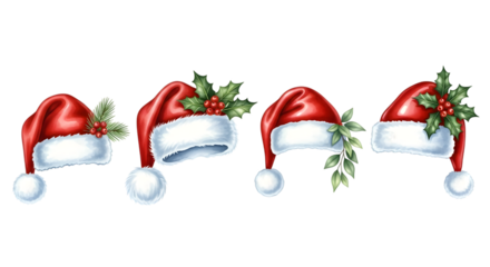 Set of four santa claus hats with festive holly and greenery decorations