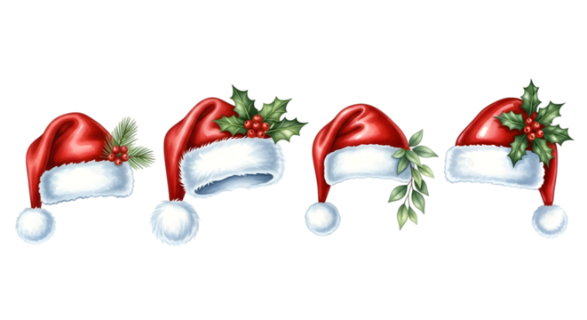 Set of four santa claus hats with festive holly and greenery decorations