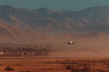Minimalist warm-toned illustration of airplane taking off from desert runway near mountains and residential houses, suitable for travel, adventure, and aviation marketing