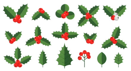 Collection of flat design holly leaves and berries in various arrangements