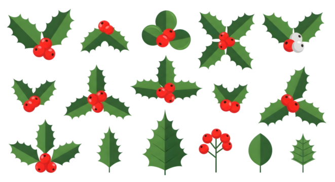 Collection of flat design holly leaves and berries in various arrangements