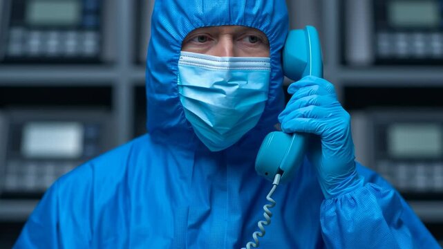 Daily office cleaning routine, person in PPE holding a phone receiver.