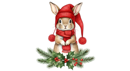 Cute cartoon bunny rabbit wearing a red knitted hat and scarf, surrounded by festive christmas greenery and berries