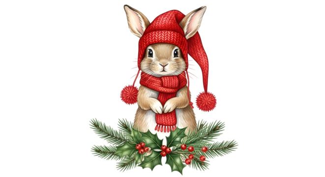 Cute cartoon bunny rabbit wearing a red knitted hat and scarf, surrounded by festive christmas greenery and berries