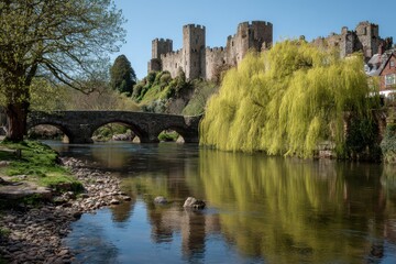 Ludlow Castle Overlooking the River Teme: A Bright Spring Day with Sunshine and Lush Trees