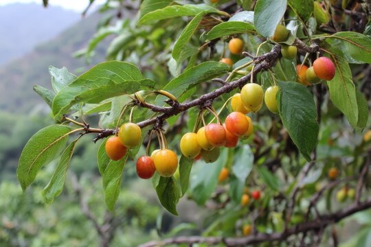 Mexican Tejocote Tree: Vibrant Green Leaves and Delicious Fruit in an Enchanting Garden Setting