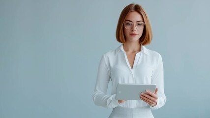 Daily office cleaning routine, a woman holding a tablet and looking confident.