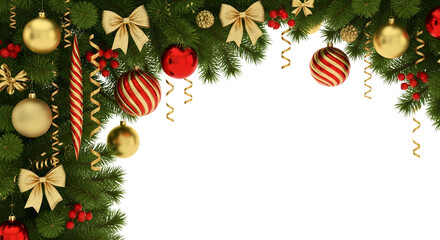 Christmas garland border with evergreen branches, golden bows, red and gold baubles, and festive ribbons