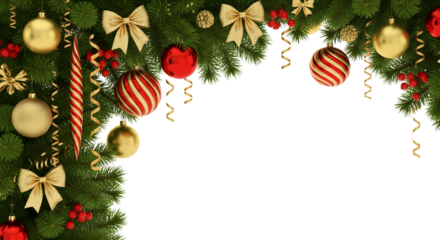 Christmas garland border with evergreen branches, golden bows, red and gold baubles, and festive ribbons