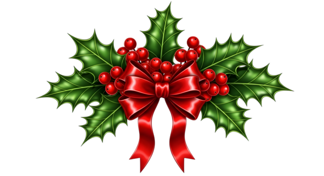 A festive christmas decoration featuring vibrant green holly leaves, bright red berries, and a shiny red bow