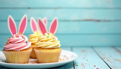 Three easter cupcakes topped with pink and yellow frosting and bunny ears. Colorful sprinkles decorate sweet treats on a white plate. Festive dessert for spring holiday celebration.