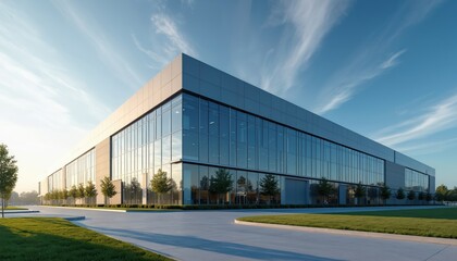 Obraz premium Modern logistic warehouse exterior with large glass windows. Industrial building for storage and distribution. Commercial property for business operations. Wide concrete road in front.