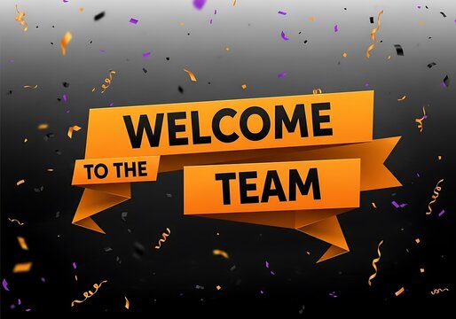 A vibrant welcome message displayed on a golden ribbon banner against a dark background adorned with colorful confetti celebrating new beginnings