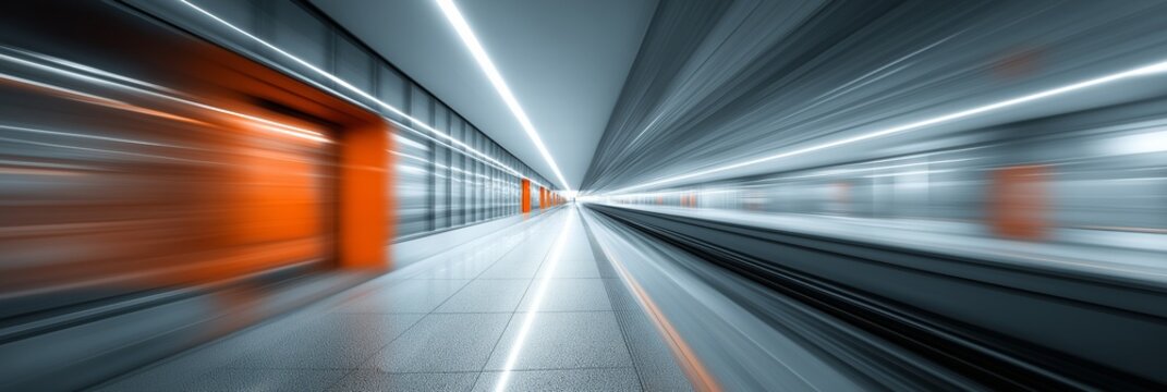 Dynamic airport corridor with futuristic lighting and orange accents symbolizes modern travel, innovation, and fast-paced urban life