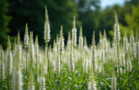 Field of white cohosh flowers, black snakeroot plants bloom in rich green summer meadow. Tall spike-like blossoms sway gently, attracting small insects in natural sunlight.