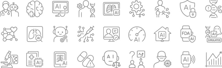 AI, artificial intelligence, medical, healthcare, technology, science, brain, DNA, robot, doctor, syringe, lungs, microscope, pills, FDA, shield, lock, computer, monitor, gear, network, human, person,