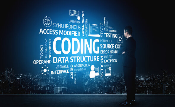 A businessman in formal attire stands against a dark city background, contemplating various coding and software development concepts visualized in bright white text. Tessel